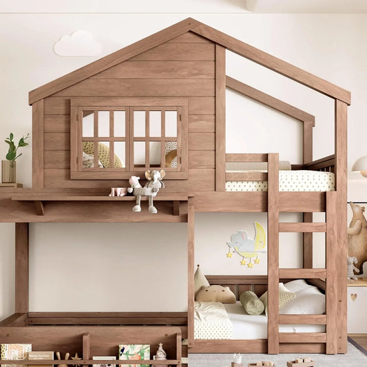 Twin House Bunk Bed Window Roof Bookshelf Wood Frame Ladder Guardrail Kids Playhouse Space Saver, Customized