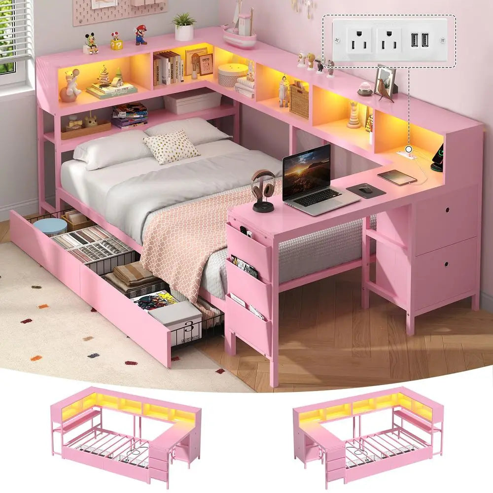 Twin Corner Bed with Desk and Storage Bookcase, Daybed with 2 Drawers amp 2 Storage Bins, Twin Size Platform Bed Frame with Cha