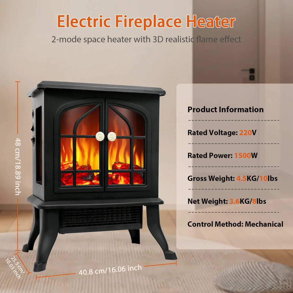 Electric Fireplace Heater 1500W Fireplace Air Heater Space Heater with 3D Realistic Flame Effect Overheating Protection for Home