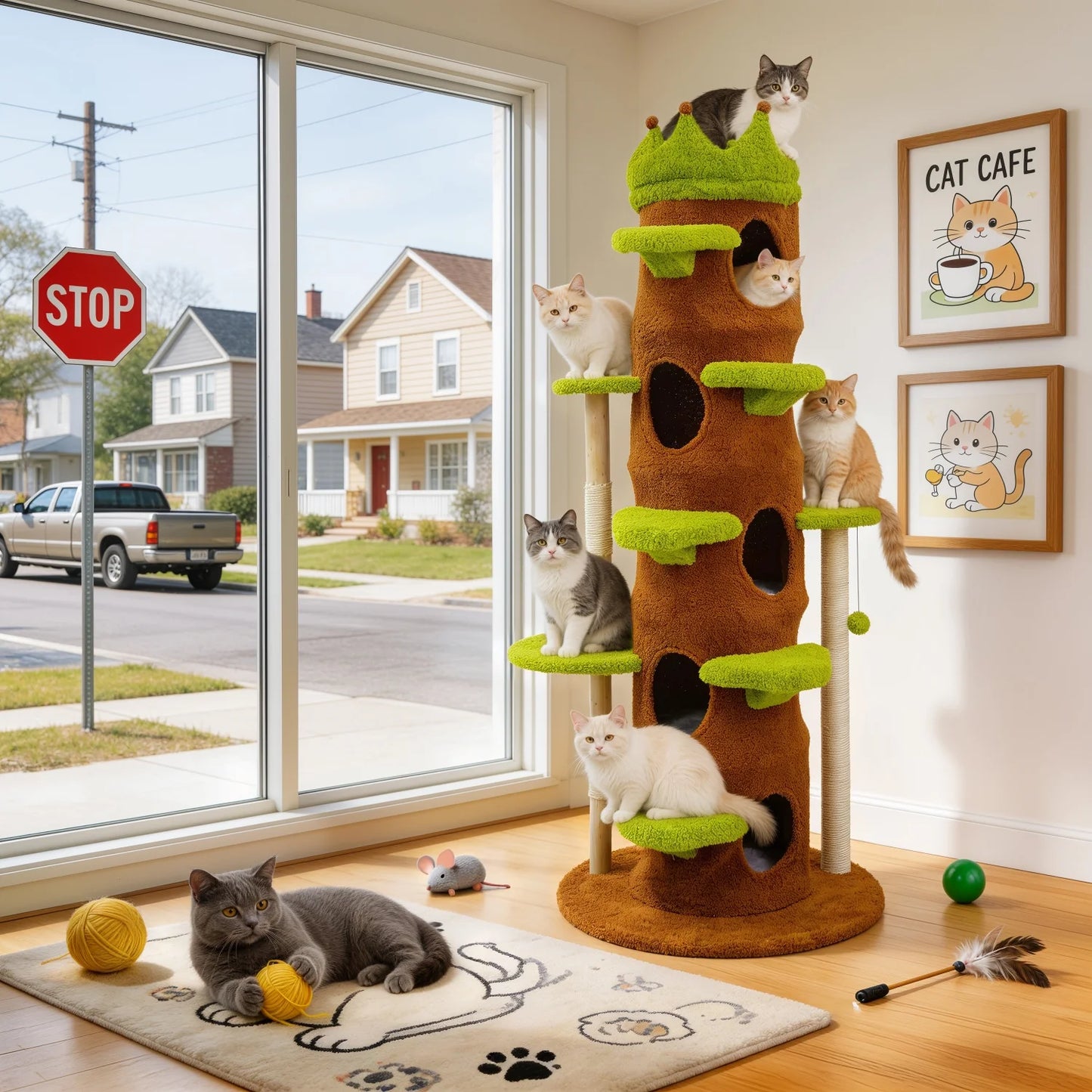 Wooden Cat Tree Tower With Crown Perch Plush Steps Cats