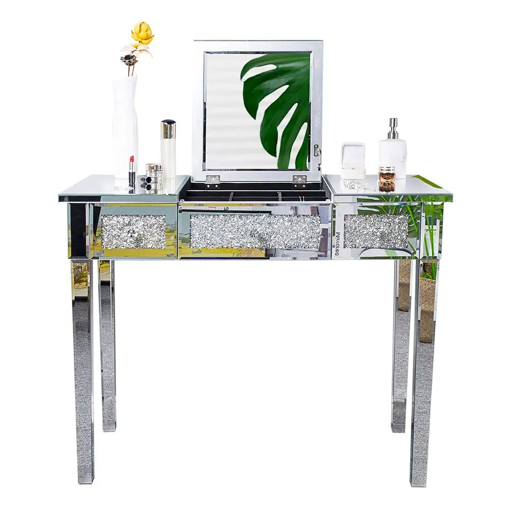 Mirrored Vanity Table, Silver Vanity Desk with FlipUp Mirror, 3 Drawers, Glass Crushed Diamond, Bling Mirror Vanity Desk for Wo