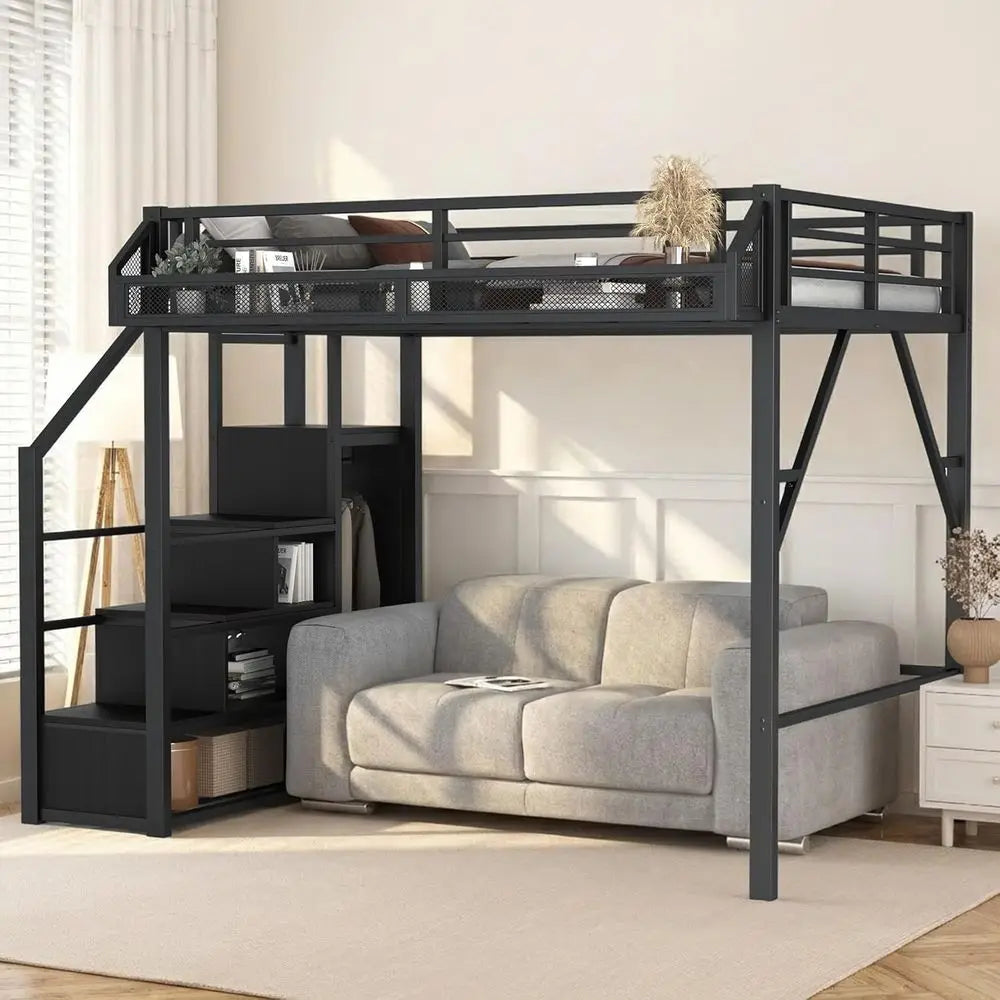 Space-Saving Bunk Bed with Storage Stairs, Wardrobe, and Metal Guardrail for Kids and Teens in Black