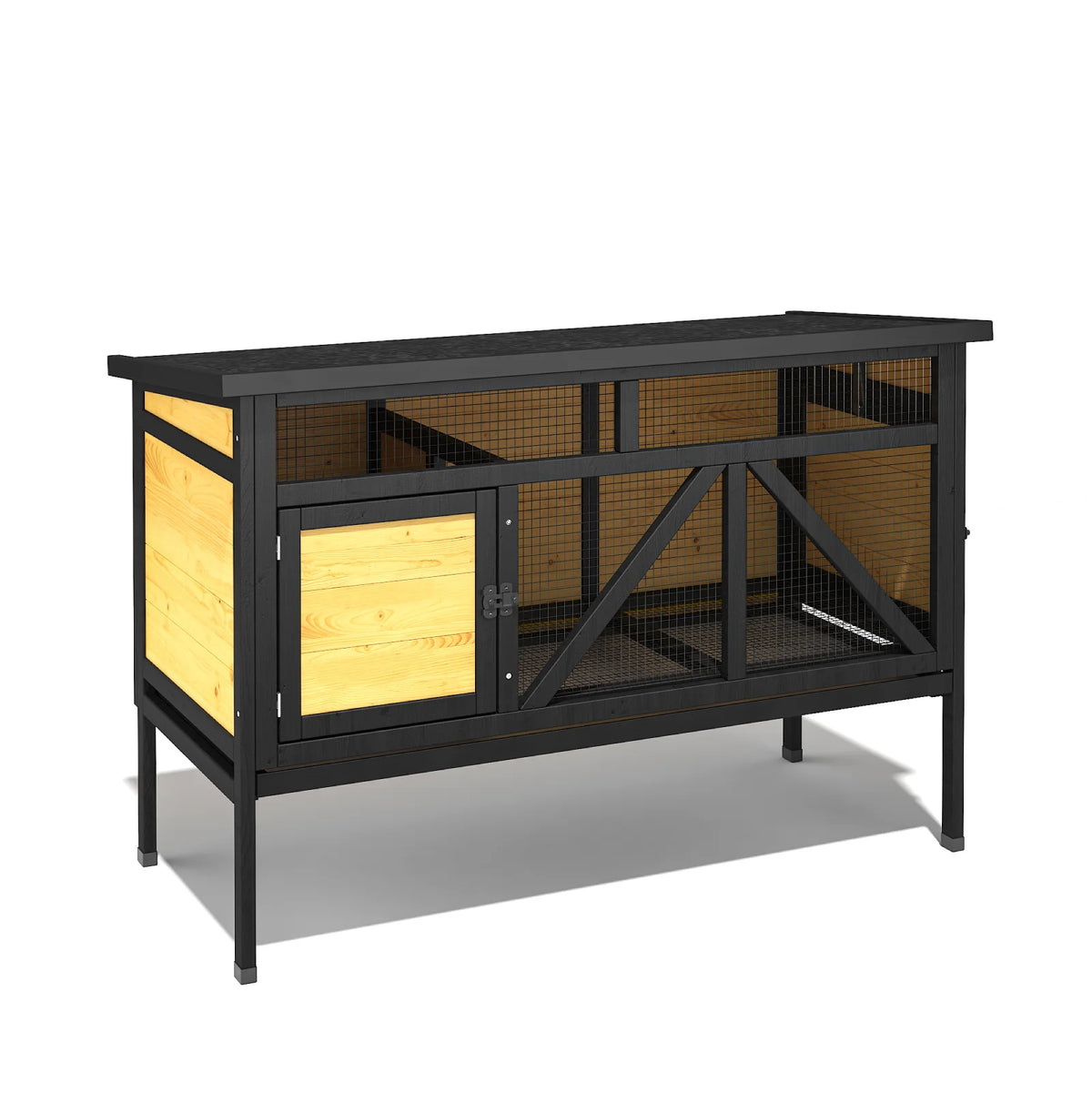 46.7" Rabbit Cage Indoor Outdoor, Elevated Wooden Bunny Hutch with Removable Tray, Waterproof Asphalt Roof & Bottom Wire Mesh for Small Animals