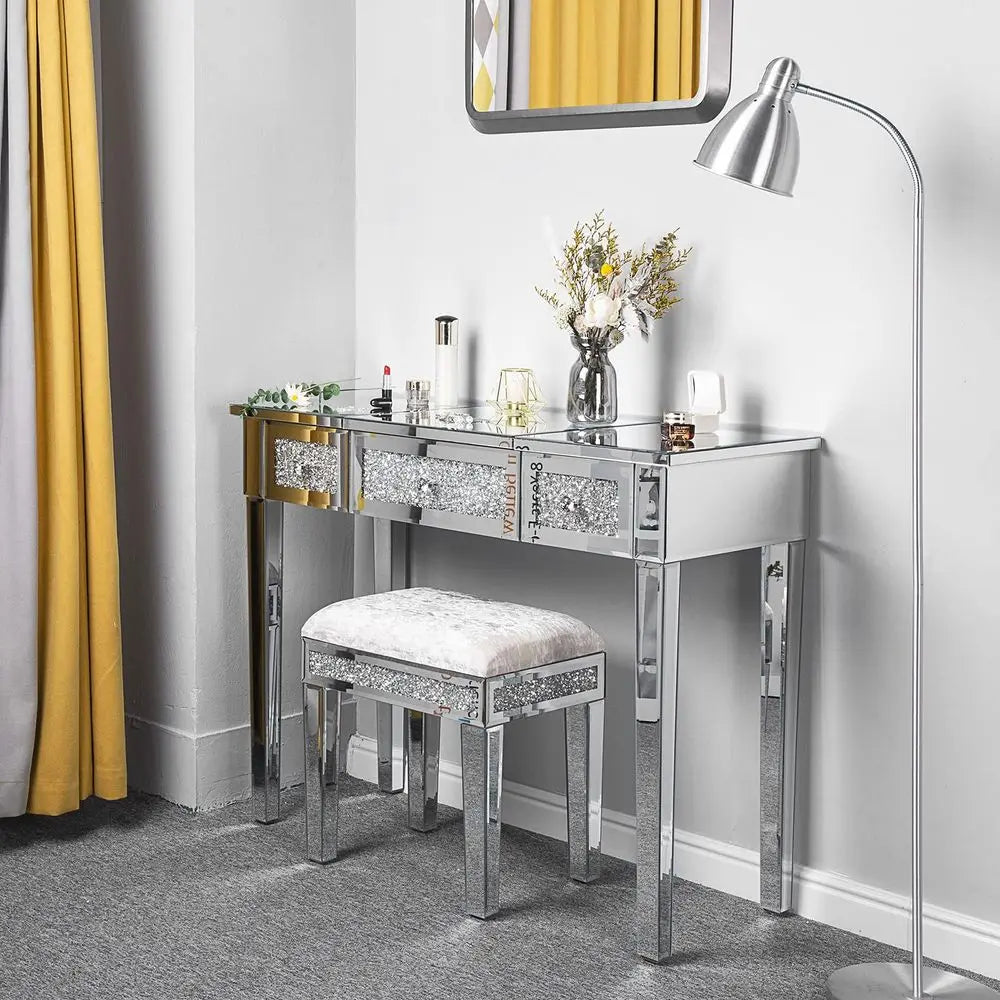 Mirrored Vanity Table, Silver Vanity Desk with FlipUp Mirror, 3 Drawers, Glass Crushed Diamond, Bling Mirror Vanity Desk for Wo