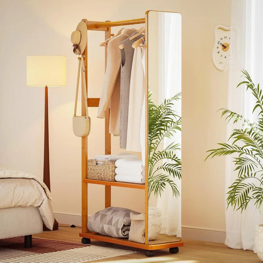 Bamboo Coat Rack, Mirror Coat Tree Stand with Shelves and Hooks, Freestanding Clothes Coat Hanger Stand, Bedroom/Living Room/Ent