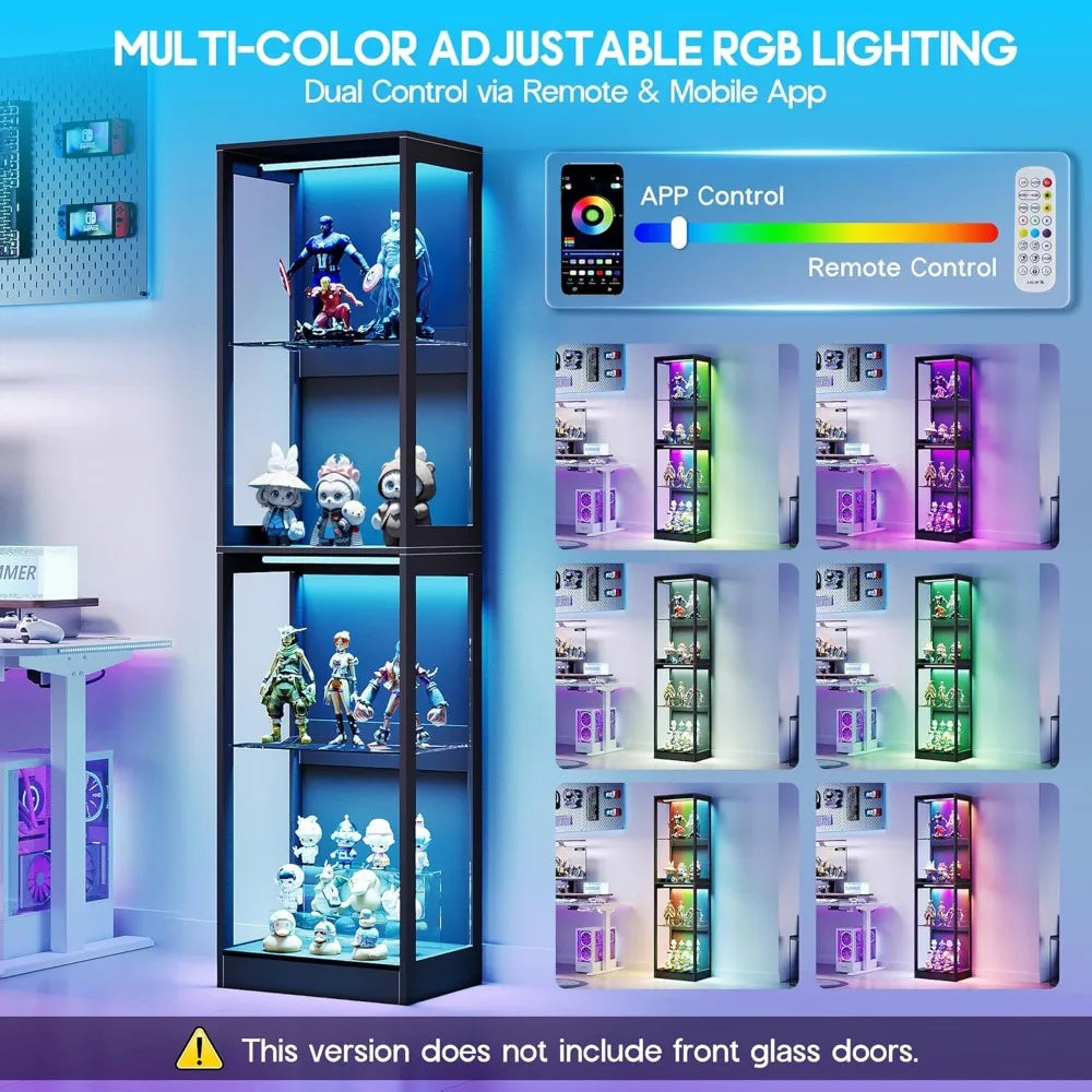 RGB Display Cabinet with Adjustable Glass Shelves, 4-Tier Storage Case with LED Lights, Modern Display Shelf for Collection