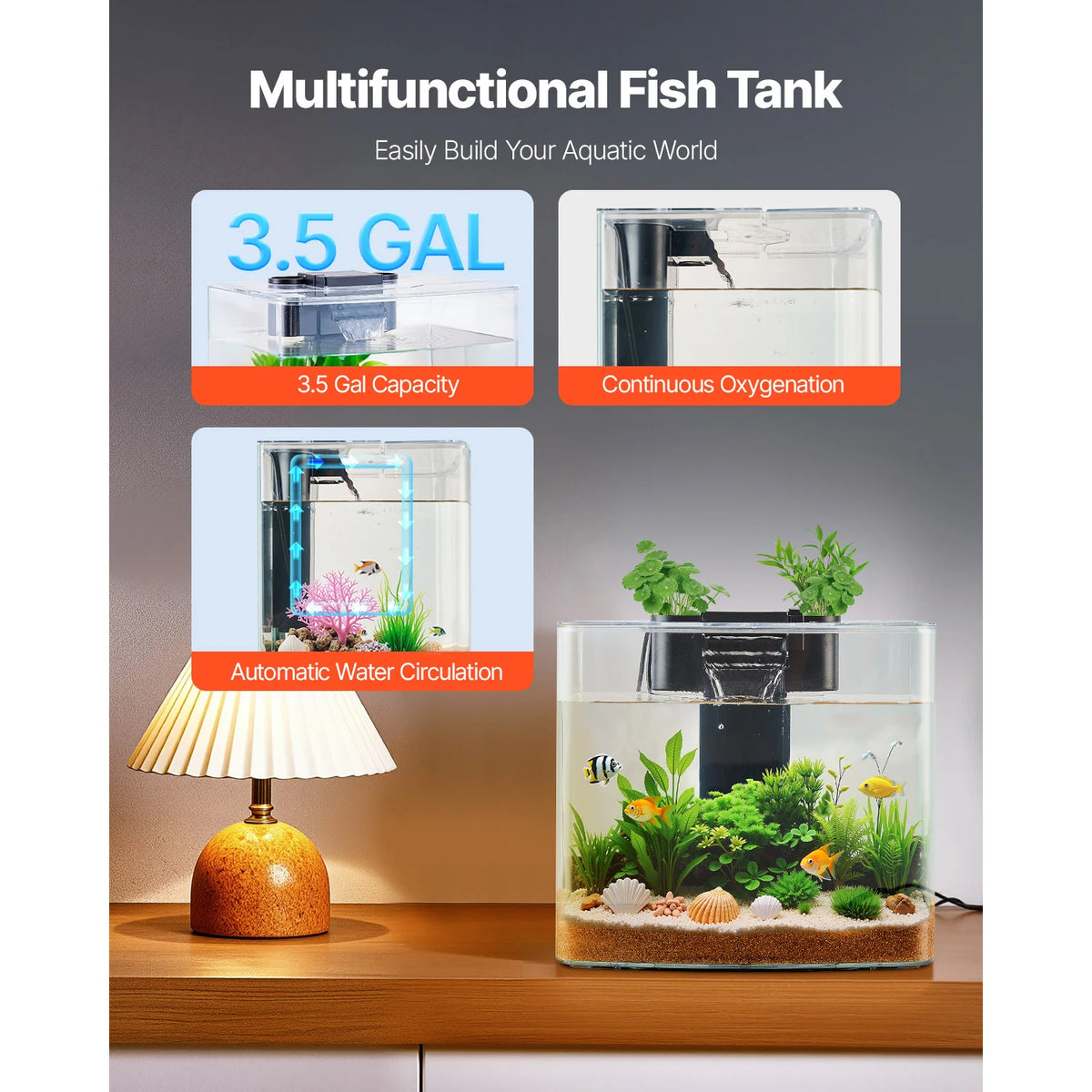 VEVOR Fish Tank Aquarium 3.5Gal Arch Ultra-Clear GPPS Starter Smart Tank Adjustable 3 Color Lighting for Freshwater Fish Home