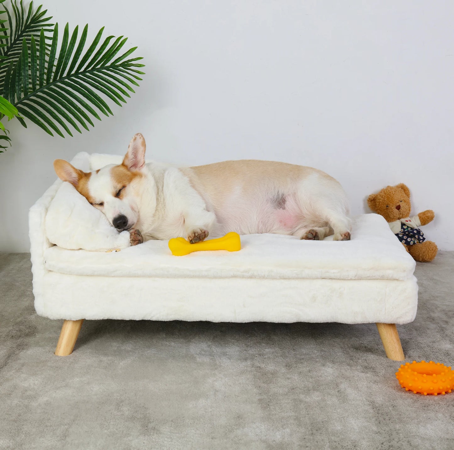 L Shape Plush Pet Bed Sofa Elevated Couch With Solid Wood Legs For Cats And Dogs