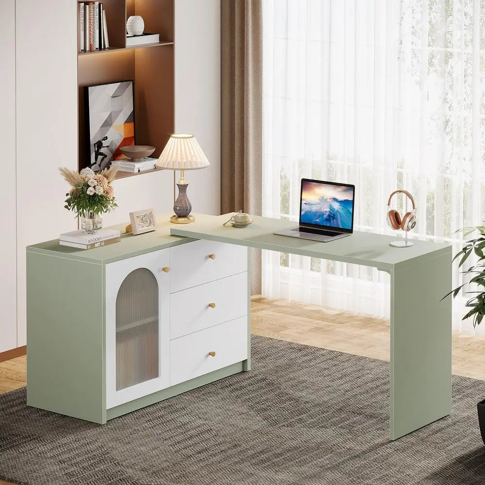 LShaped Computer Desk with Drawers, Modern Corner Home Office Desk with Reversible Storage Cabinet, Long Study Writing Desk Wor