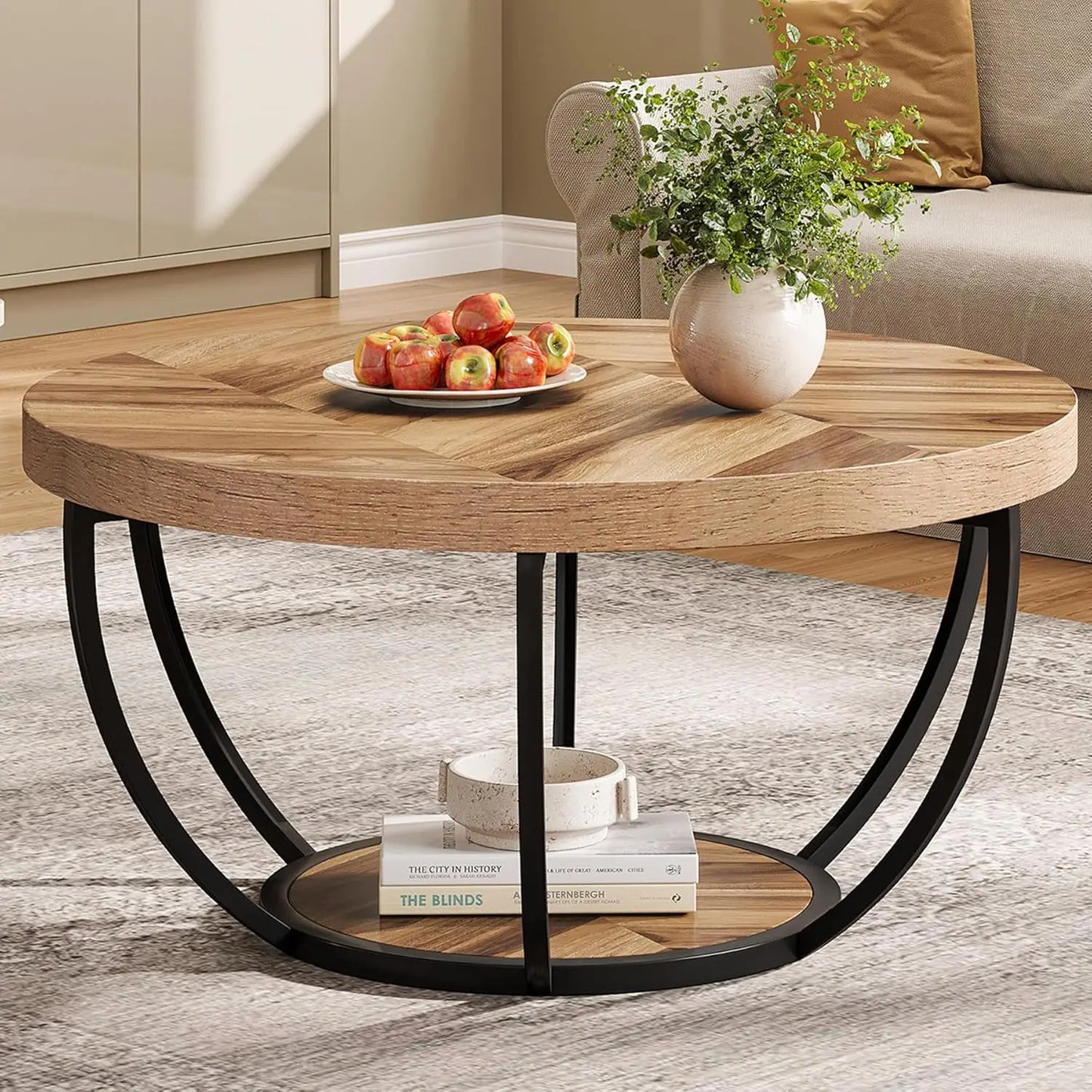Little Tree Marble Circle Coffee Table With Open Storage And 2-Tier Metal Legs