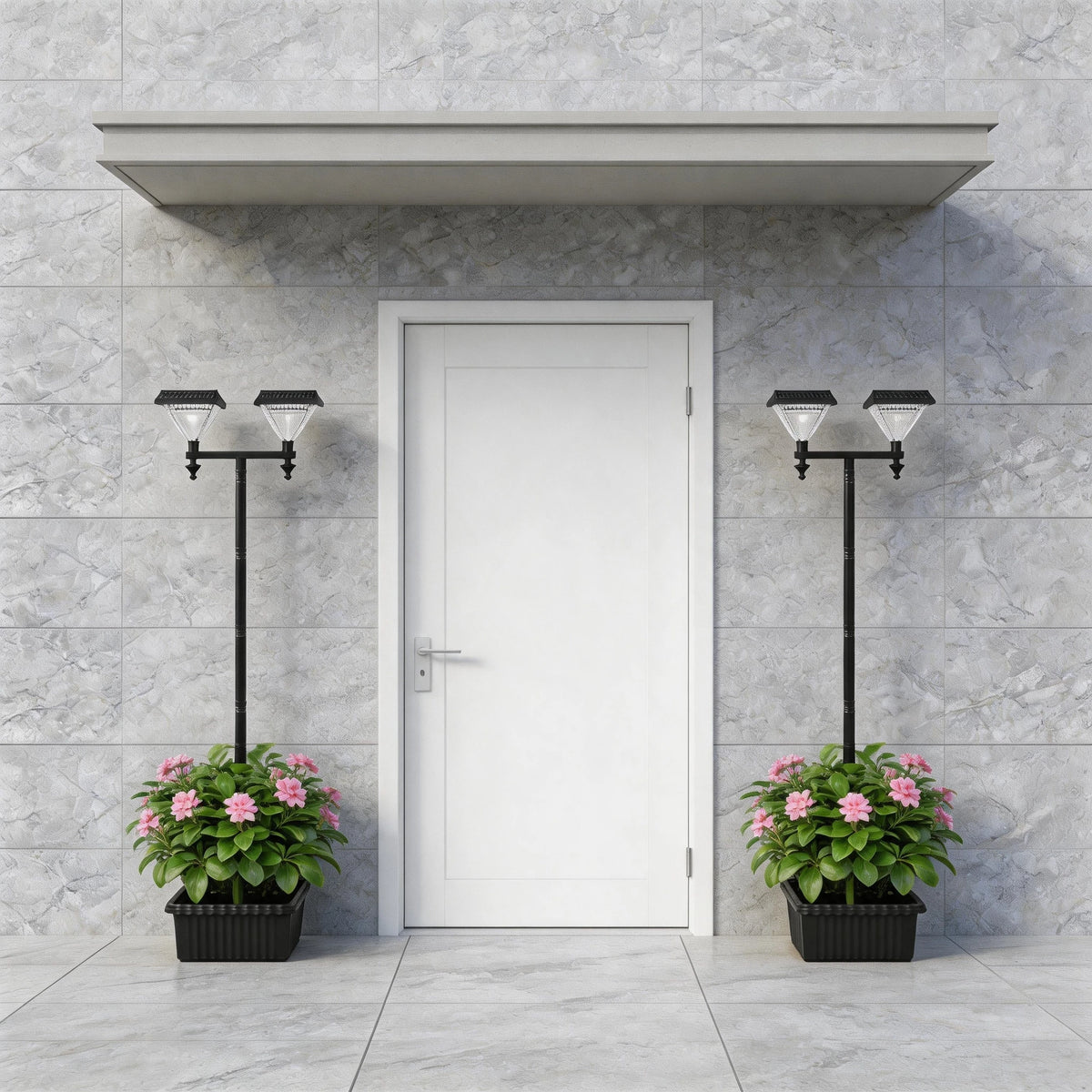 Solar Street Lights Outdoor Double Head Solar Lamp Post with Planter Base 6 Adjustable Heights IP44 Waterproof LED Landscape Lighting Dusk to Dawn Auto On Off with Ground Stakes for Garden Yard Patio Pathway