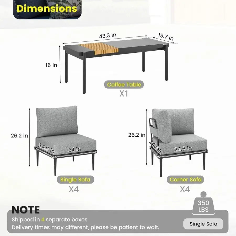 9 Pieces Patio Furniture Set, UShaped Outdoor Sectional Sofa with 6 Inch Olefin Cushion and Coffee Table, Modern Metal Outdoor