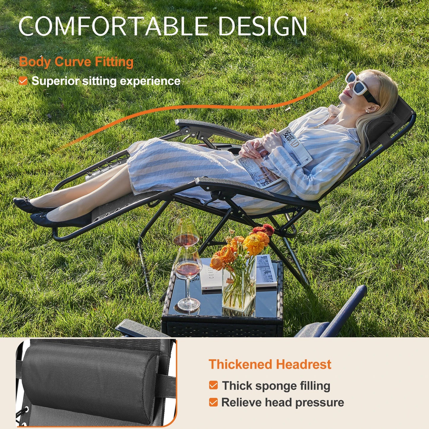 JHK Zero Gravity Portable Recliner Cup Holder Outdoor Patio