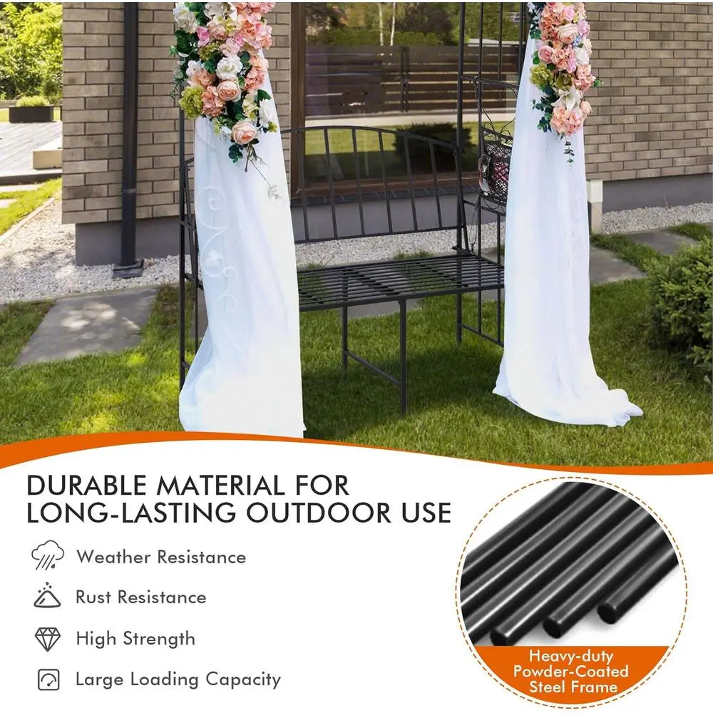 Durable Metal Garden Arch with Bench, Outdoor Arbor Trellis for Climbing Plants, Supports 660 lbs, Ideal for Patio, Weddings & G