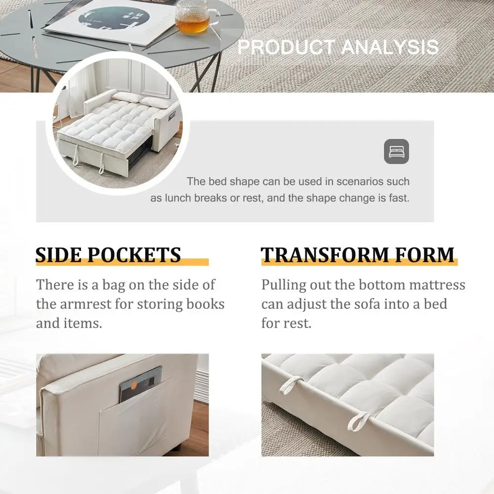 Convertible Sleeper Sofa Bed with Velvet Loveseat, Storage and 2 Pillows for Small Spaces, Cream