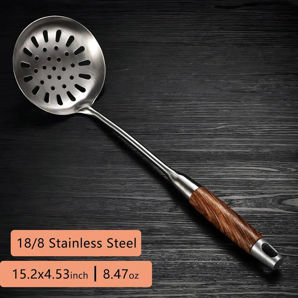 Strainer Skimmer Ladle, Slotted Spoons, Kitchen Utensils Durable 304 Stainless Steel Skimmers Pasta Strainer Spoon with Wooden H