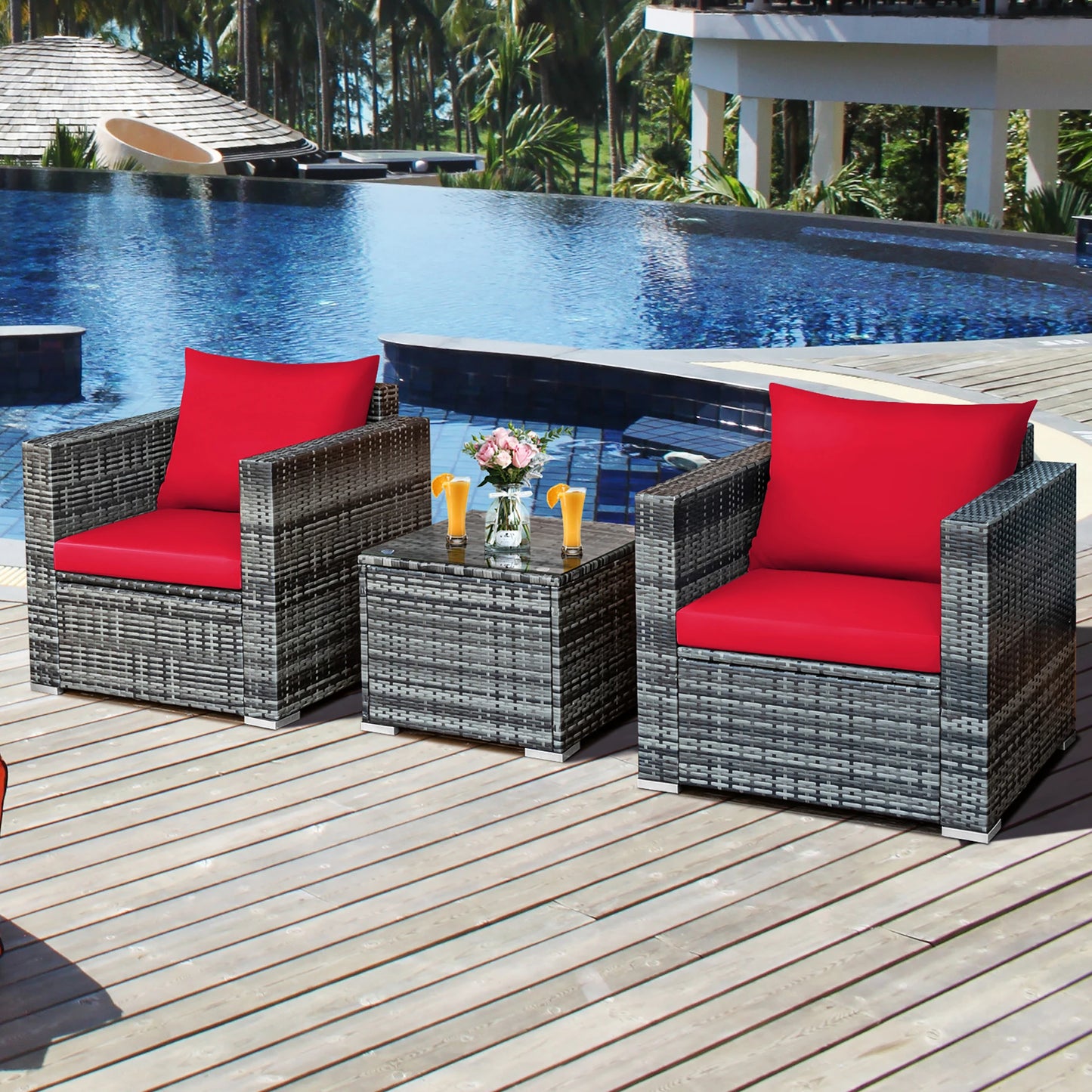 HOMASIS 3 Piece Patio Rattan Furniture Set With Cushions
