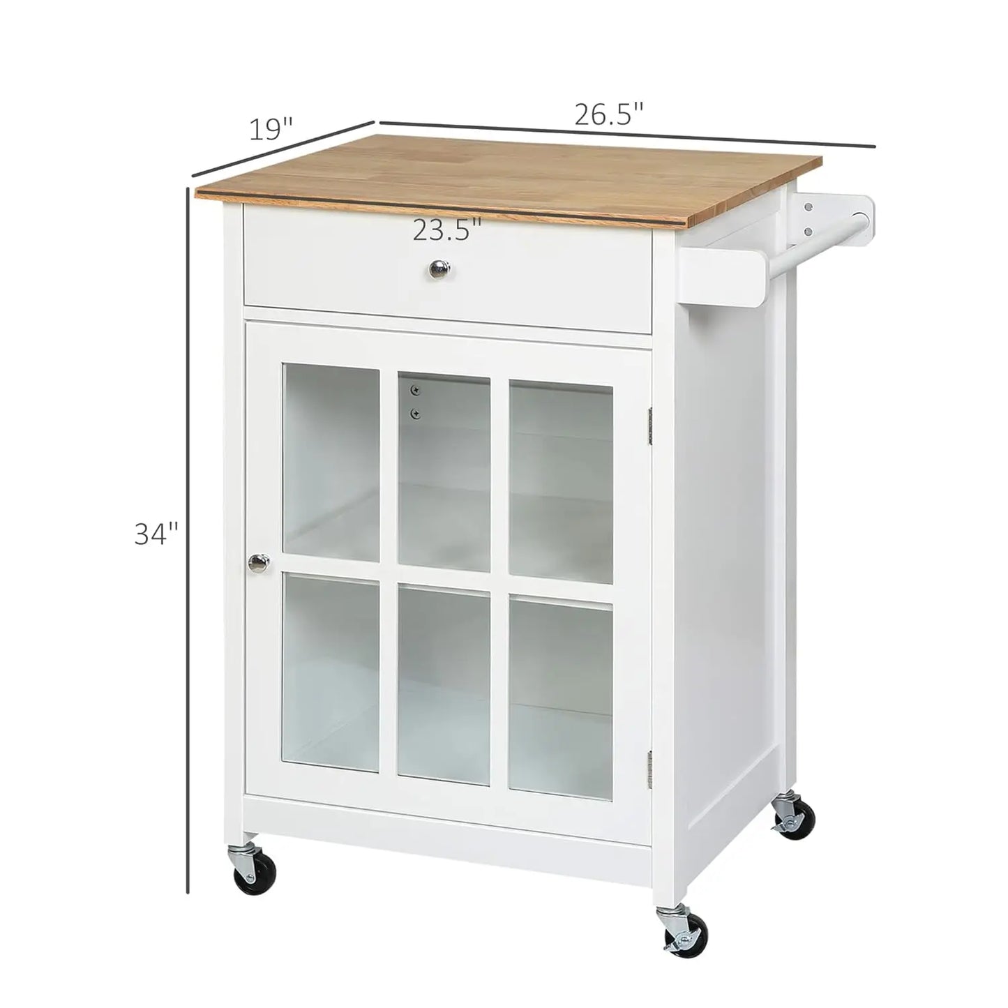 27" Rolling Kitchen Island Cart with Drawer & Glass Door Cabinet, Adjustable Shelf & Towel Rack, White, Customized