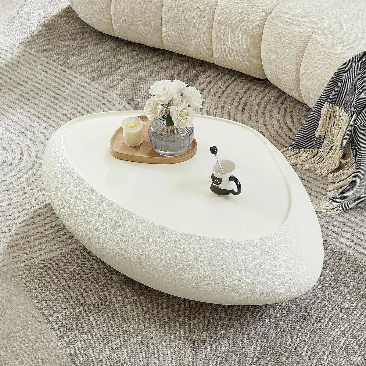 36" Oval Coffee Table, Modern Faux Stone Circle Center Table Accent Travertine Tea Table for Living Room, Magnesium, Customized