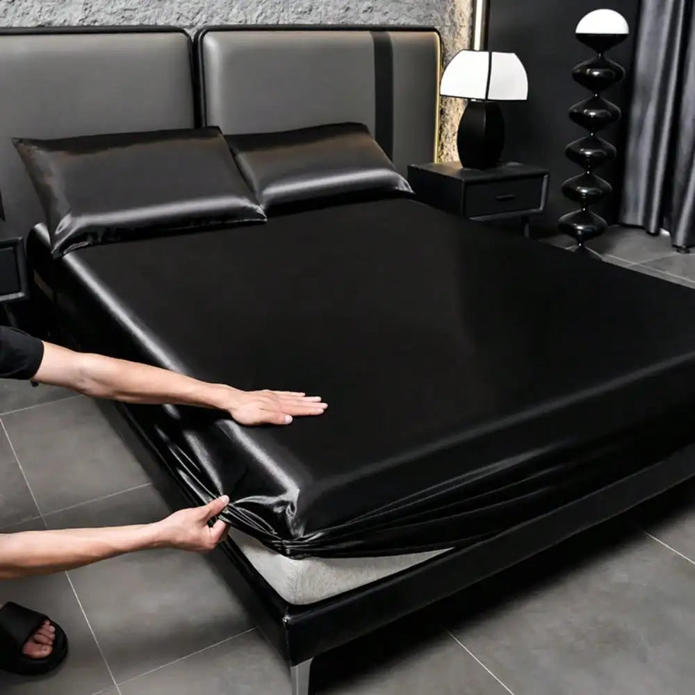Luxurious Solid Silky Satin Fitted Sheet Set With Pillowcases