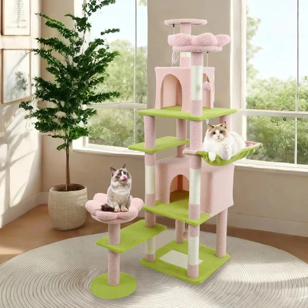 71 Inch Flower Cat Tree, Multi Level Cat Tower Indoor Cats with Large Condo, Removable Flower Cushion, Soft Hammock Pet Products