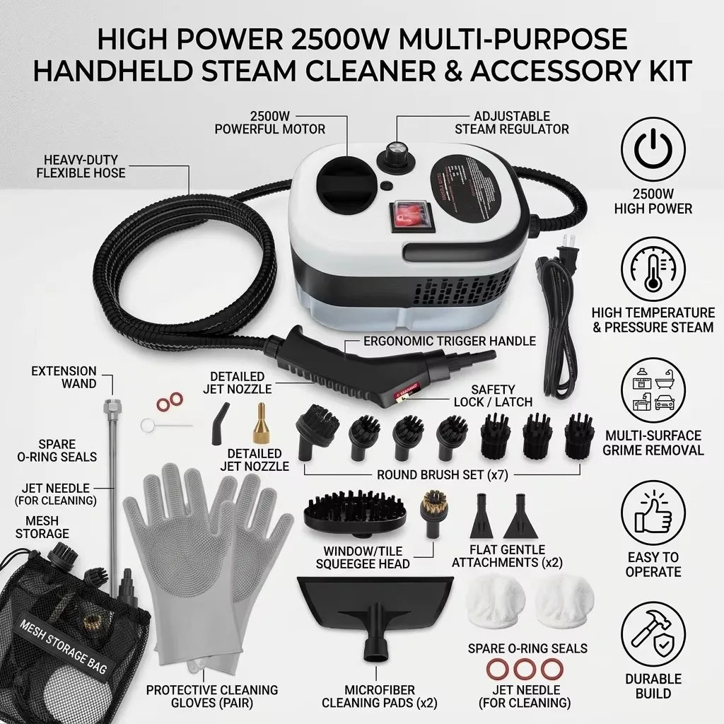 New Universal 2500W Handheld Steam Cleaner High Pressure Household Car Steam Cleaning Machine Portable Multi Purpose For Home Kitchen Bathroom Carpet Sofa Floor Window Tile Grime Removal Durable Easy Use With Nozzle Brush Sto