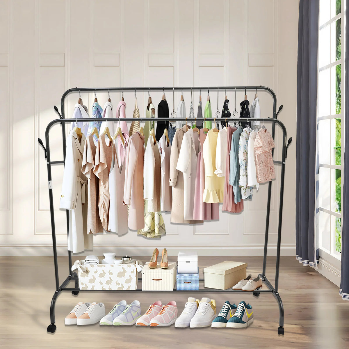 Double Clothes Rail Rack Garment Coat Rack Stand Metal Closet Rod Heavy Duty Floor-Standing with Side Hooks and Swivel Wheels