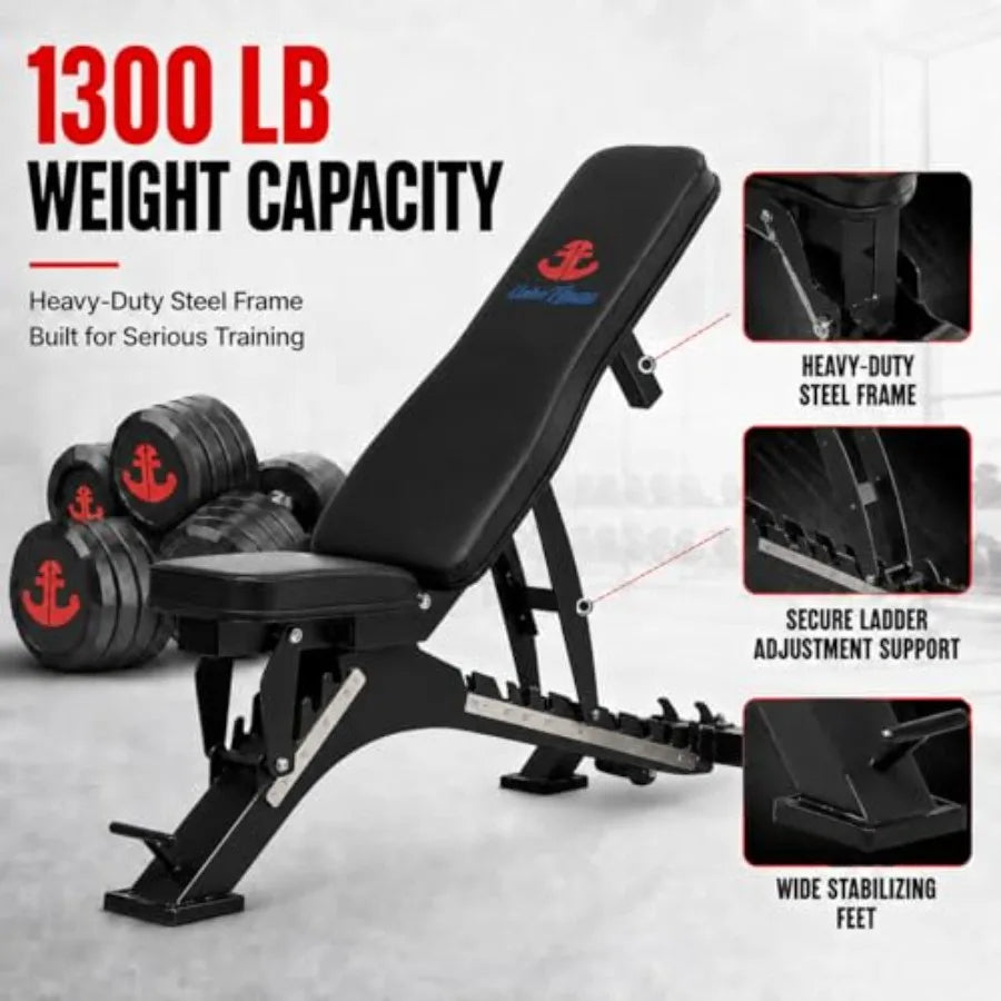 Adjustable Workout Bench for Home Gym, Steel Frame, Black, 1300LB Capacity 7-Position Backrest