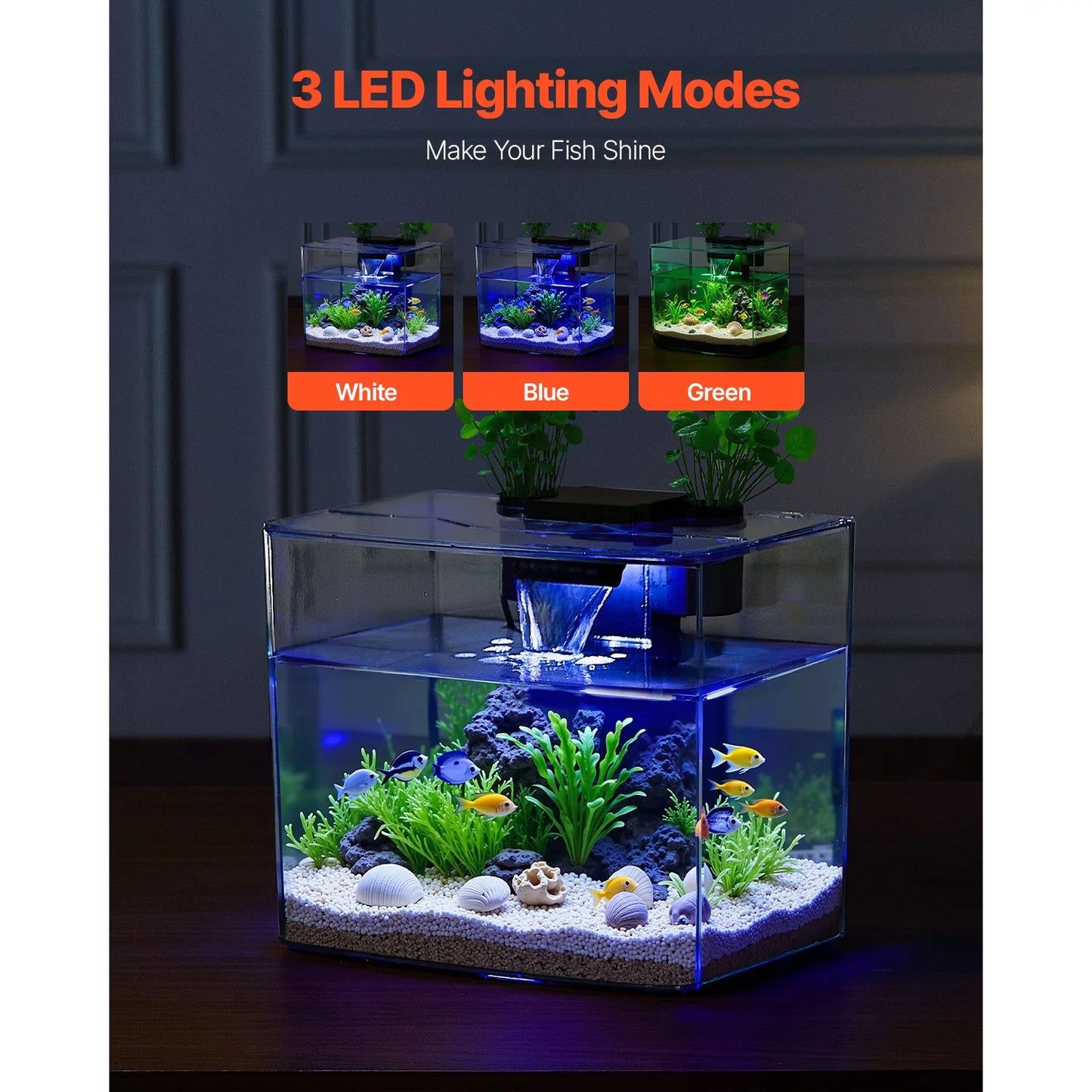 SucceBuy Fish Tank Aquarium 3.5Gal Arch Ultra-Clear GPPS Starter Smart Tank Adjustable 3 Color Lighting for Freshwater Fish Home