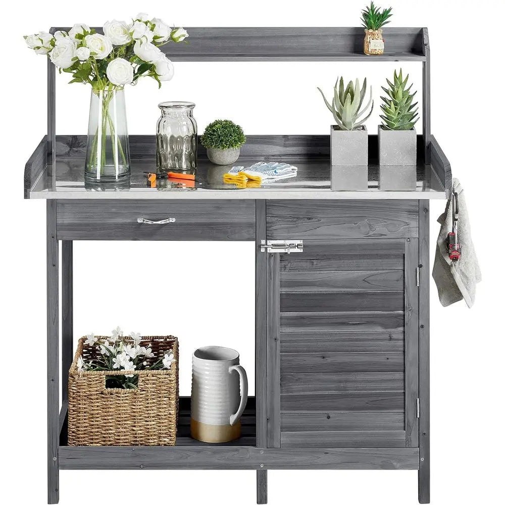Gray Outdoor Garden Workstation with Metal Table, Cabinet, Open Top, Lower Shelf, and Hooks