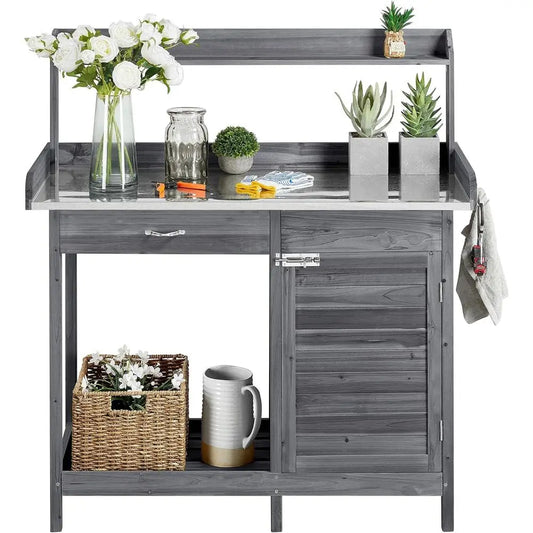 Gray Outdoor Garden Workstation with Metal Table, Cabinet, Open Top, Lower Shelf, and Hooks