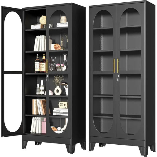 75 Tall Glass Door Metal Display Cabinet with 5 Adjustable Shelves for Living Room, Wine, Clinic, Home - Assembly Required