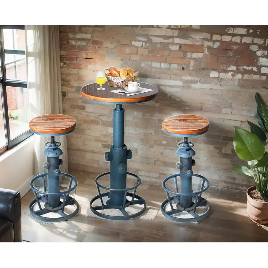 3 Piece Pub Bar Set Retro Round Bar Table and Stools for 2 Height Adjustable Pub Desk and Stools Match Bar Height and Counter B