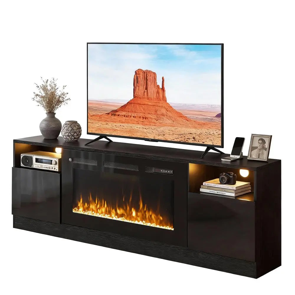 Fireplace TV Stand with 36 Electric Fireplace, LED Light Entertainment Center for TVs Up to 80, HighGloss Door, Modern TV Conso