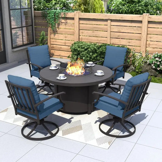 5 Piece Metal Outdoor Patio Furniture Set with Round Fire Pit Table, Patio Conversation Sets 4 Swivel Chairs with Thick Cushion