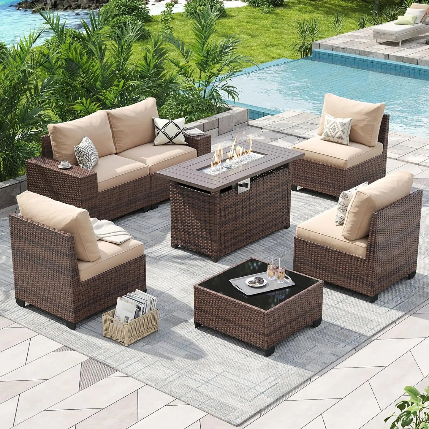 Outdoor Rattan Patio Sectional Set With Integrated Fire Pit Table