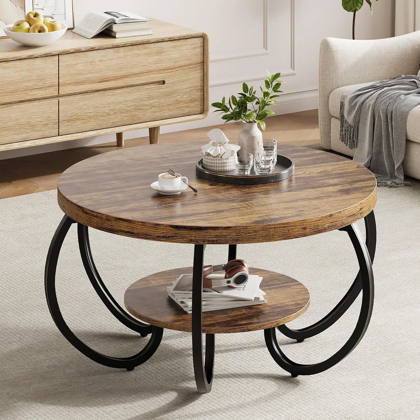 Round Coffee Table 30 in Center Table, 2-Tier Coffee Table Industrial Center Tables with Adjustable Feet, Living, Customized