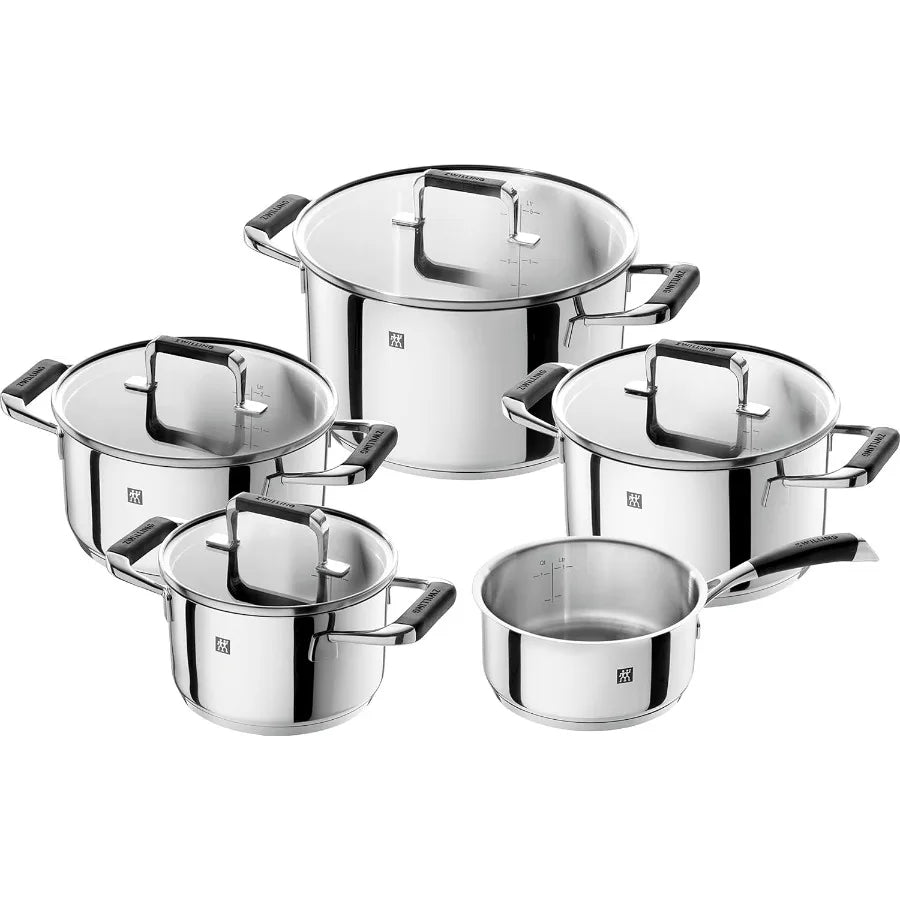 Cornelia Poletto 5-Piece Saucepan Set, Suitable for Induction Cookers, Stainless Steel, with Glass Lid, with Silicone Handles, S