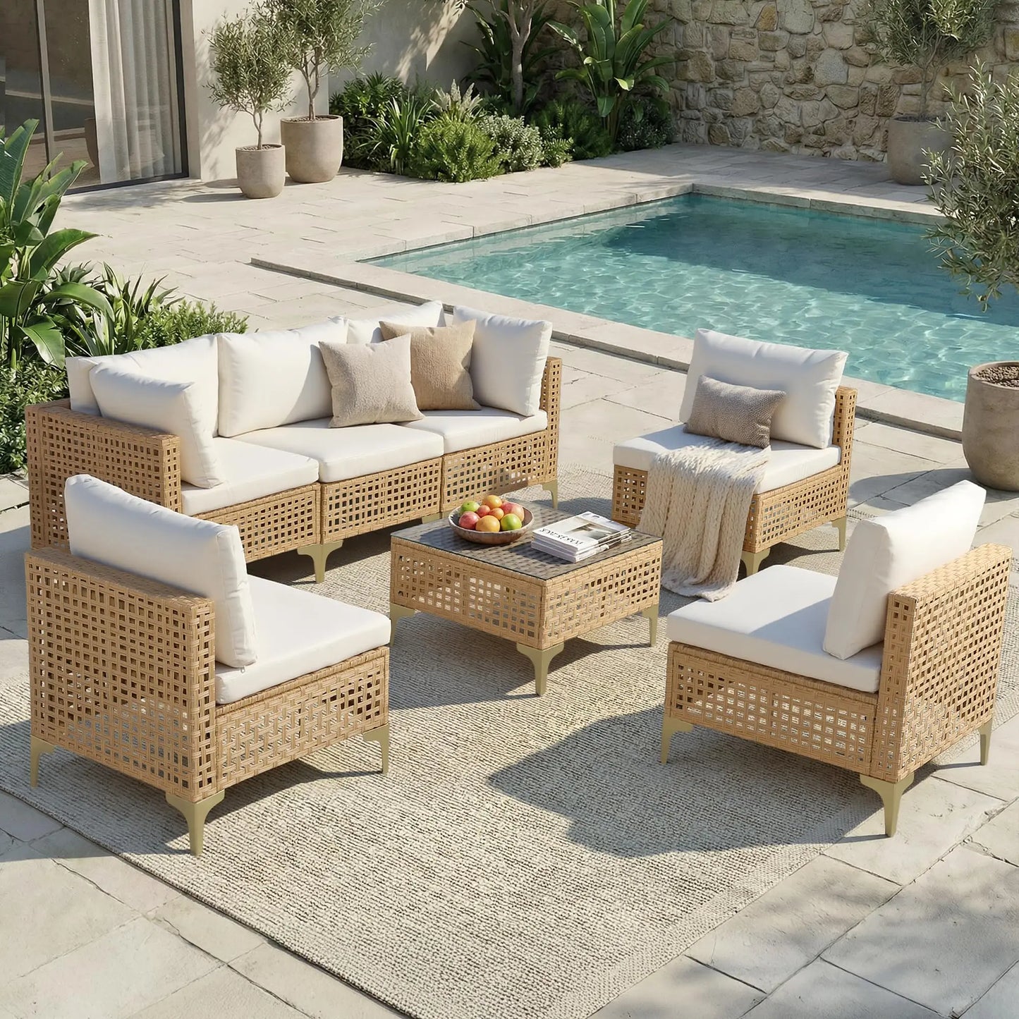 Seven Piece Outdoor Patio Wicker Sectional Rattan Sofa Set