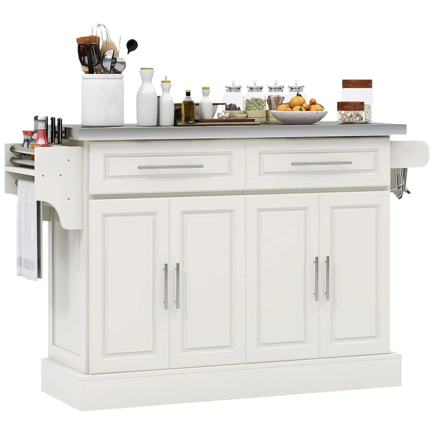 Rolling Kitchen Island Cart 47" Stainless Steel Top, Portable Table with Wheels Adjustable Shelves 2 Drawers Spice Knife Towel R