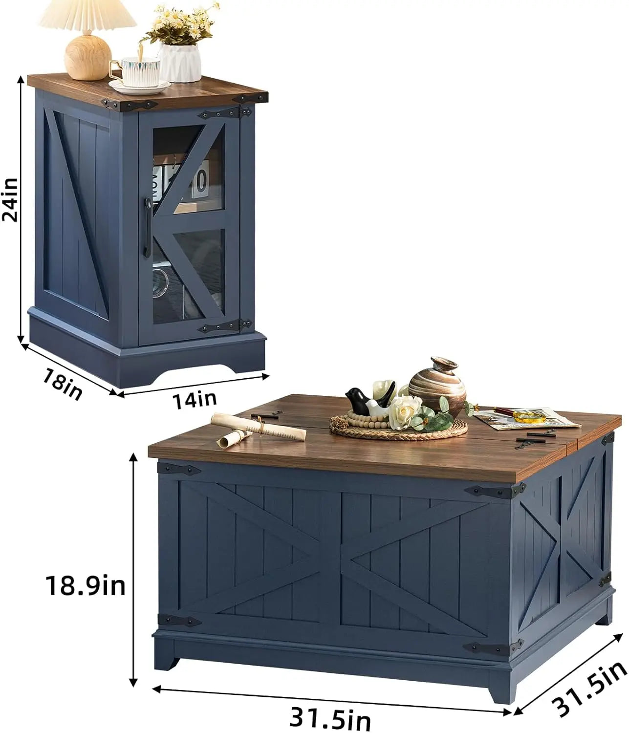 Farmhouse Wood Coffee Table Set With Glass Barn Door Furniture