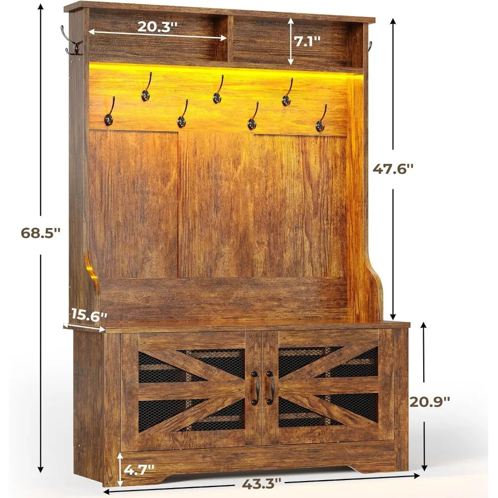 Bench and Shoe Storage, 5-in-1 Entryway Bench with Coat Rack, 10 Shoe Cubbies & 9 Coat Hooks, Barn Door & A