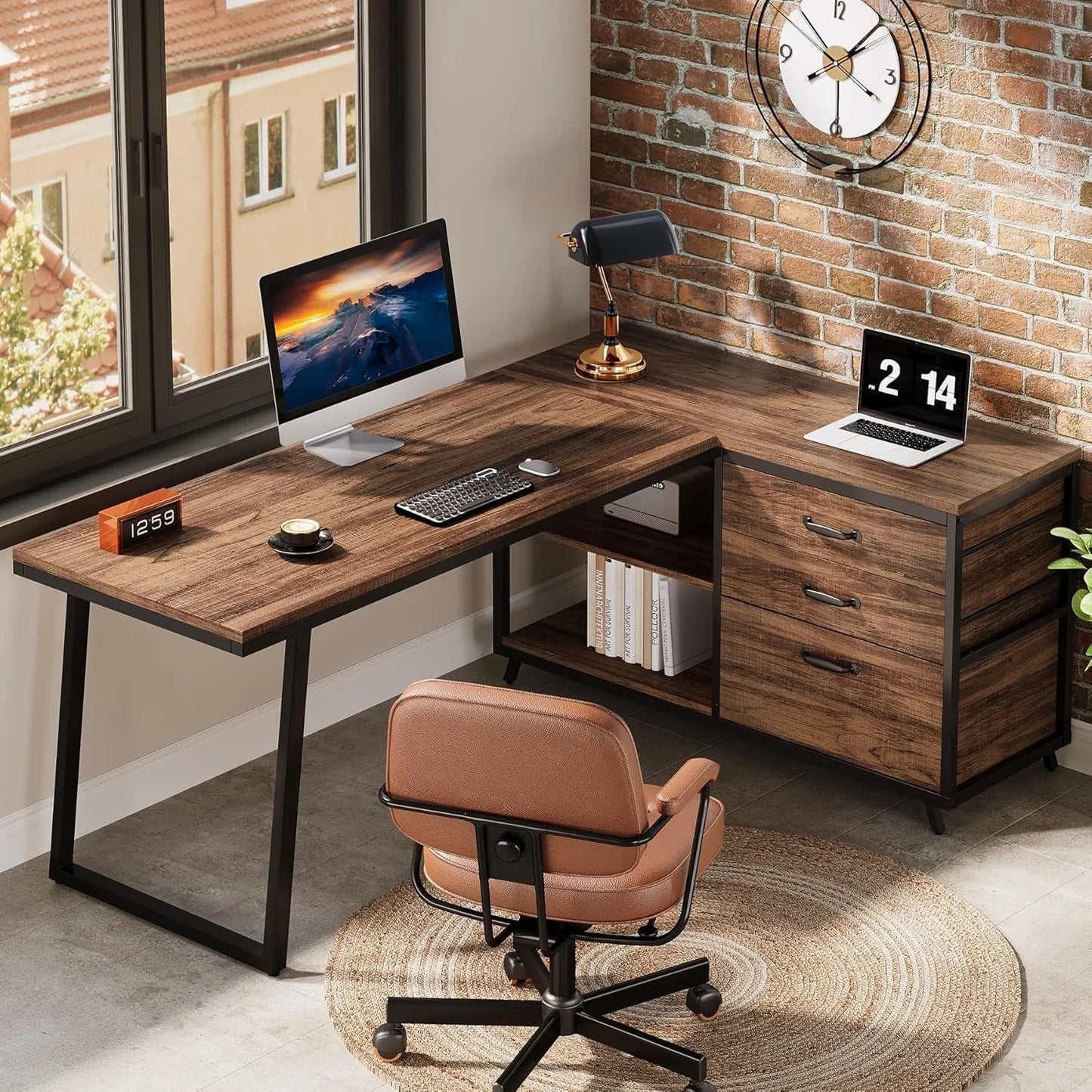 Little Tree L Shaped Office Desk With 3 File Drawers And 2 Storage Shelves
