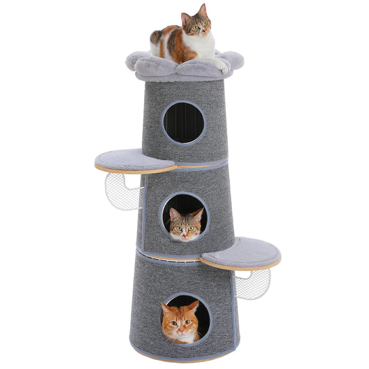 Modern Cat Tree with 3 Large Condos Aesthetic Cat Tower with Flower Perch Metal Frame Full-Wrap Scratching Pad Multi-Level Cat Bed House Wood Cat Furniture for Indoor Cats