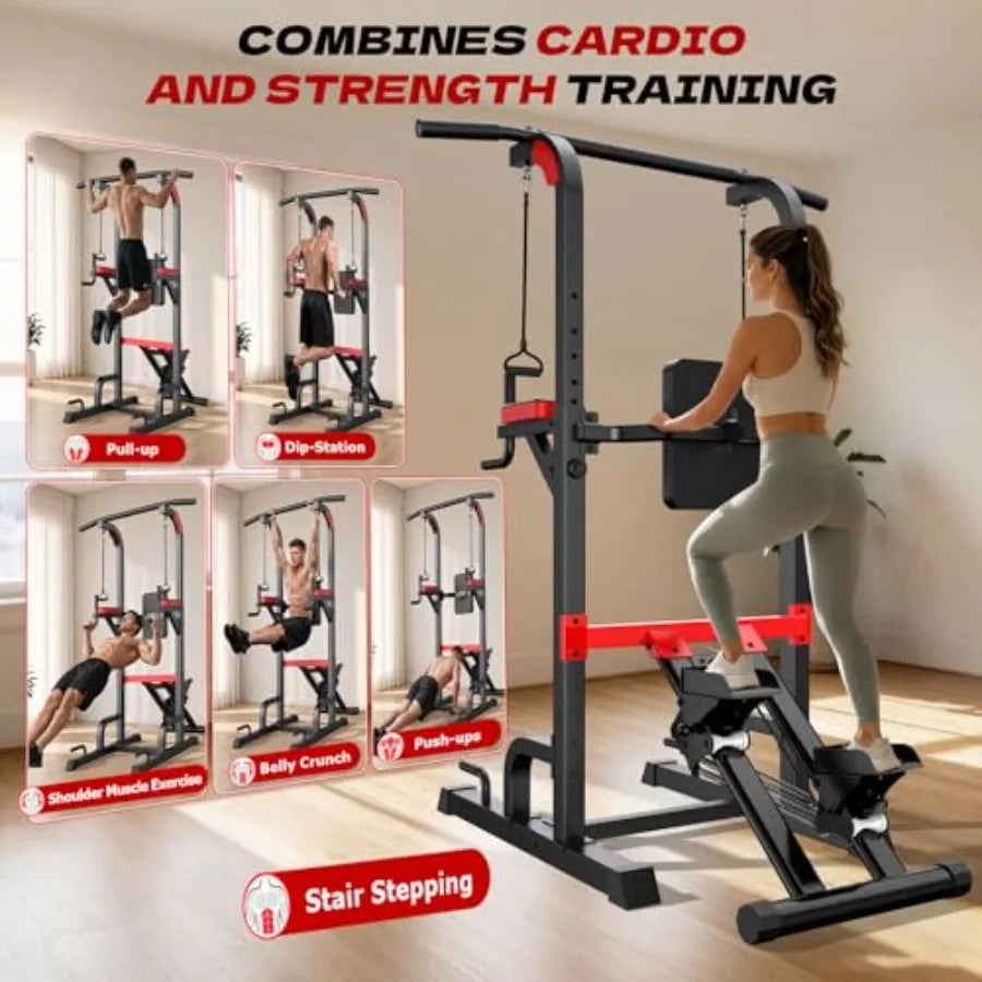 Home gym power tower dip station with H-frame, steel construction, black finish, adjustable height, multi-grip handles, backres