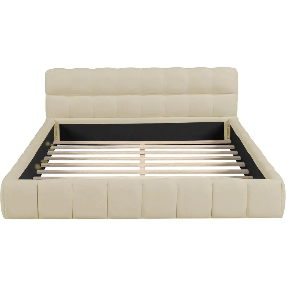 Queen Size Upholstered Platform Bed with Thick Fabric and Solid Wood, Suitable for Kids and Adults Bedroom Furniture (Beige/Grou