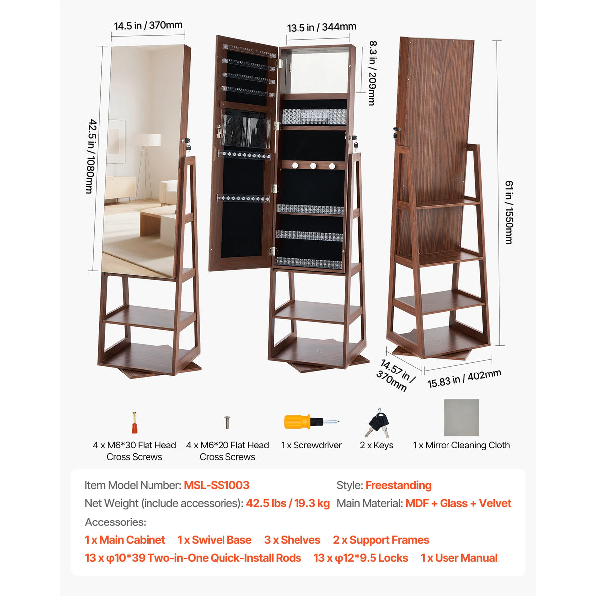 SucceBuy 360° Swivel Jewelry Cabinet 61/63" Tall Full-Length Mirror Lockable Rotatable Armoire Organizer Shelves Pouches 2 Keys