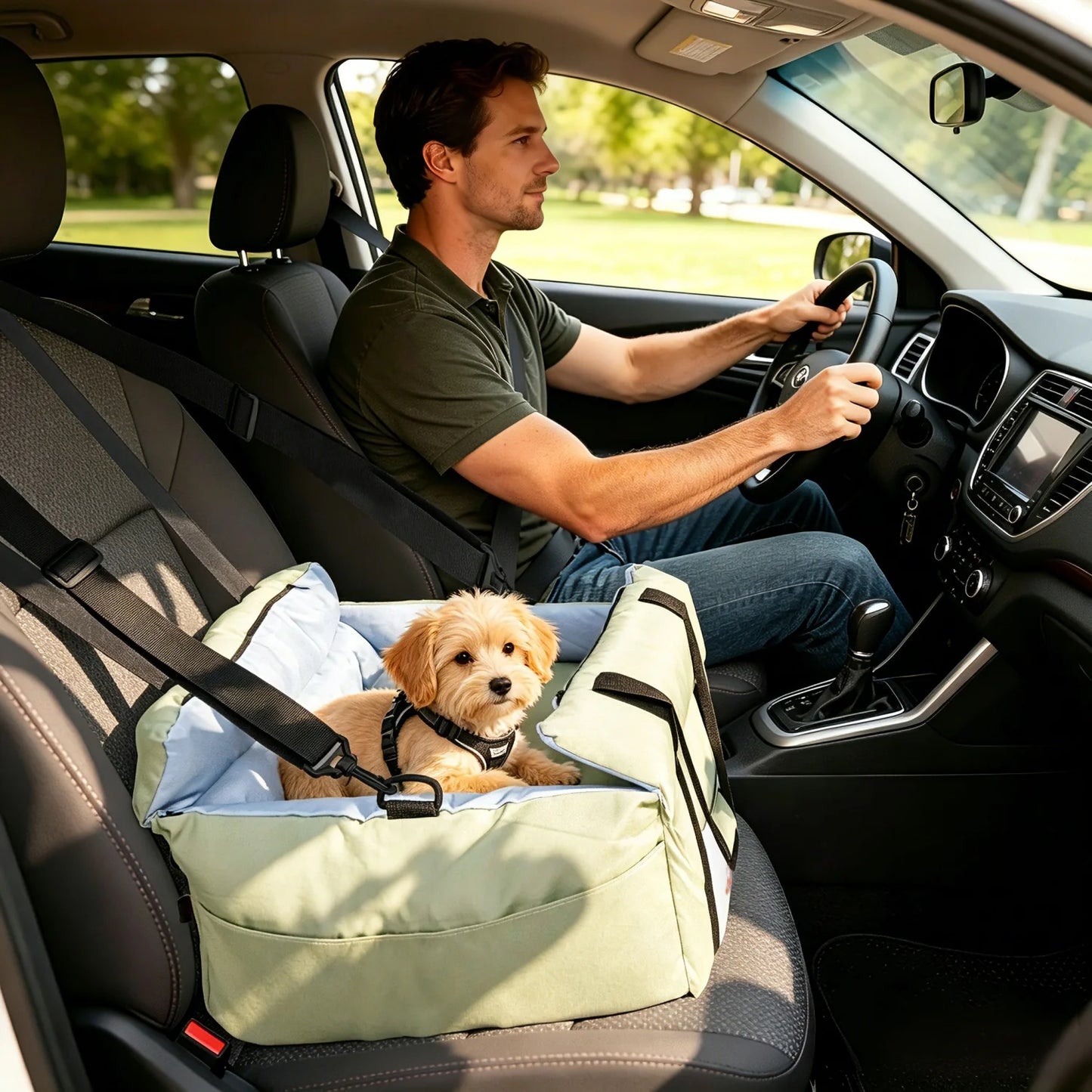 Soft Pet Car Travel Carrier Bed With Safety Belt And Storage Pocket For Small Dogs