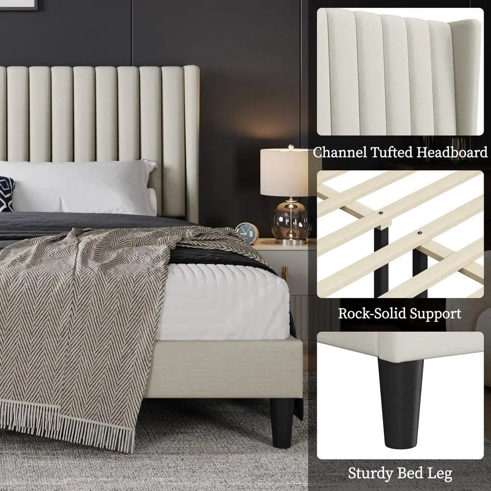 King Bed Frame Upholstered Platform Bed with Fabric Headboard, Wing Edge Design NonSlip and NoiseFree Wooden Slats Support No B