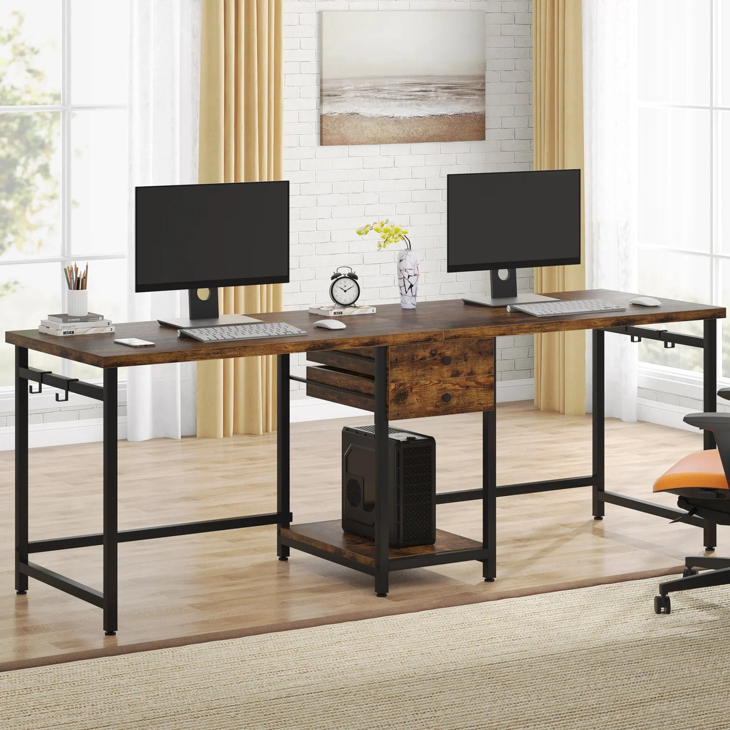 Tribesigns 78.74’’ Two Person Desk with 2 Drawers, Long Double Computer Desk Gaming Table with Shelves
